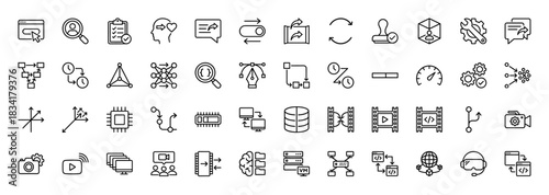 Development and technology line icon set. Vector pictograms of flow chart, process, data, and security, thin outline illustration.