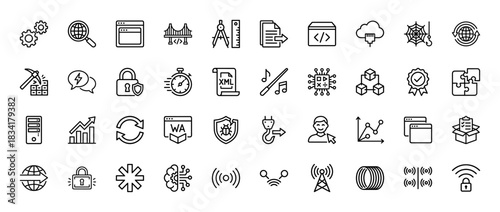 Technology and programming line icon set. Vector pictograms of networking, coding, data, security, and artificial intelligence, thin outline illustration.