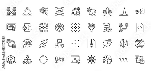Technology and data science line icon set. Vector pictograms of networking, flowcharts, data management, and computation, thin outline illustration.