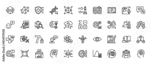 Artificial intelligence line icon set. Vector pictograms of brain, chip, cloud, helix, shield, eye, graph, chess, database, atom, cell, network, thin outline illustration.