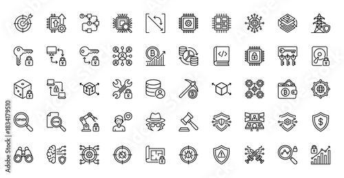 Cybersecurity and blockchain technology line icon set. Vector pictograms of cryptocurrency, cryptography, security, and data protection, thin outline illustration.