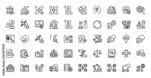 Technology and data line icon set. Vector pictograms of blockchain, security, analysis, intelligence, and cloud computing, thin outline illustration.