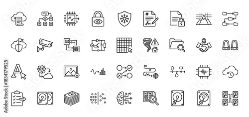 Data and technology outline icon set. vector pictograms of cloud storage, security, process flow, and artificial intelligence, thin outline illustration.