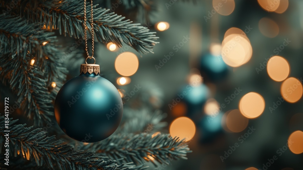 Obraz premium Elegant Dark Green Christmas Ornament Hanging on Pine Tree with Bokeh Lights.