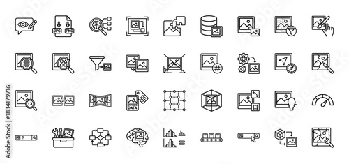 Image editing and processing line icon set. Vector pictograms of viewing, cropping, filtering, and data storage, thin outline illustration.