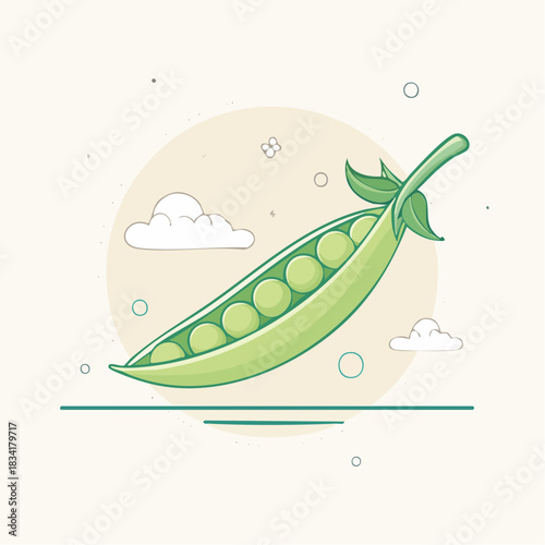 Pixel Art Green Pea Pod with White Clouds and Circles on Beige Background Simple Flat Design Food Illustration