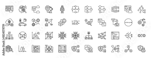 Artificial intelligence and big data line icon set. Vector pictograms of machine learning, cloud computing, and neural networks, thin outline illustration.