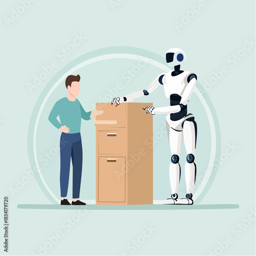 Robot And Human Cooperating Moving A Cardboard Box In A Clean Office Environment With Simple Design And Light Blue Background