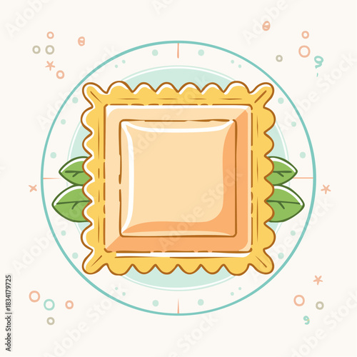 Simple Square Ravioli Pasta With Basil Leaves On A Light Blue Plate Against A Cream Background With Scattered Dots And Stars