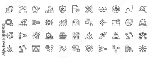 Technology and development line icon set. Vector pictograms of robotics, artificial intelligence, process, and data visualization, thin outline illustration.