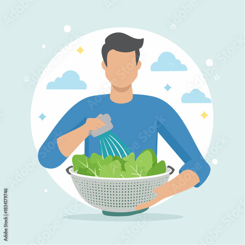 Man Sprinkling Salt On Fresh Green Spinach Leaves In A Colander With Light Blue Sky And Clouds Background