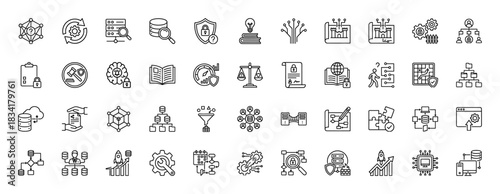 Data security and technology line icon set. Vector pictograms of database, encryption, blockchain, and development, thin outline illustration.