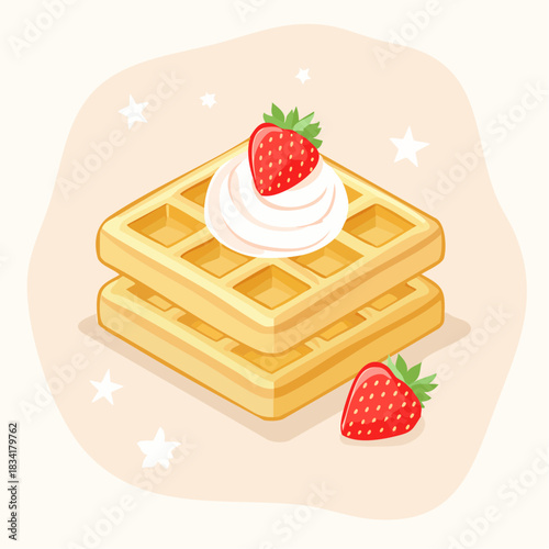 Golden Waffles Stacked High Topped With Cream and Fresh Strawberry with Two Strawberries on Side Soft Pastel Background with Stars