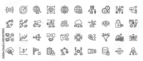 Industrial internet of things line icon set. Vector pictograms of robotics, data transfer, security, and smart devices, thin outline illustration.