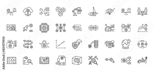 Artificial intelligence line icon set. Vector pictograms of machine learning, deep learning, data analysis, and brain technology, thin outline illustration.