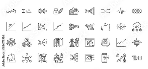 Data science line icon set. Vector pictograms of neural network, cloud, algorithm, graph, robot, lock, server, cpu, map and signal, thin outline illustration.