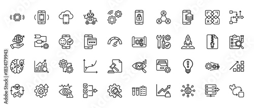 Technology and development line icon set. Vector pictograms of machine learning, data analysis, and optimization processes, thin outline illustration.