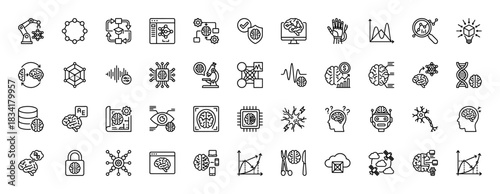 Artificial intelligence and machine learning line icon set. Vector pictograms of robotics, brain, chip, and data analysis, thin outline illustration.