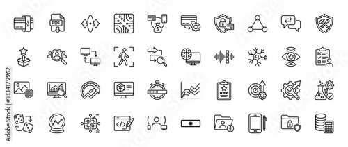 Technology and data analysis line icon set. Vector pictograms of credit card, circuit board, security, data search, brain, and checklist, thin outline illustration.