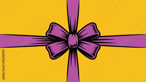 Vector Illustration of Vintage Purple Ribbon and Bow on Yellow Background for Gift Box Wrapping