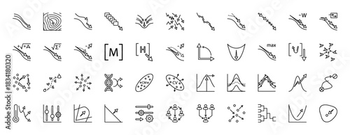 Science and mathematics line icon set. Vector pictograms of analysis, gradients, distribution, charts, and diagrams, thin outline illustration.