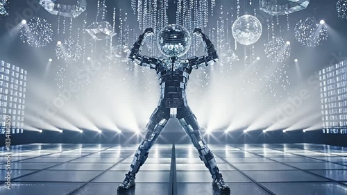 Energetic Disco Ball Character in a Retro Futuristic Nightclub Setting Dazzling with Green Lights Spotlights and Sparkling Reflections on a Mirror Dance Floor