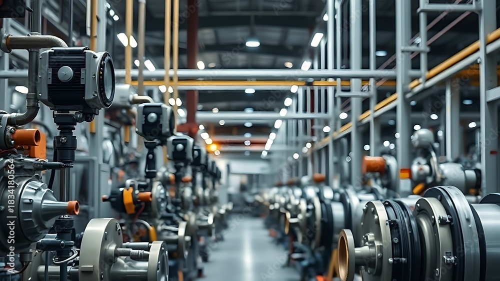 Fototapeta premium Industrial factory interior showcasing detailed machinery under soft lighting.