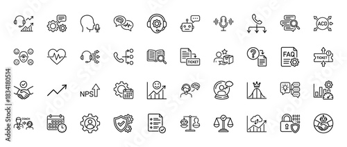 Customer experience and service line icon set. Vector pictograms of headset, ticket, feedback, data analysis, and support, thin outline illustration.