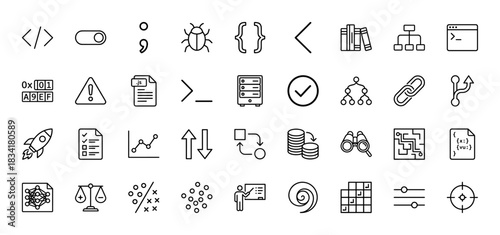 Programming and data science line icon set. Vector pictograms of code, debug, server, algorithm, and machine learning, thin outline illustration.