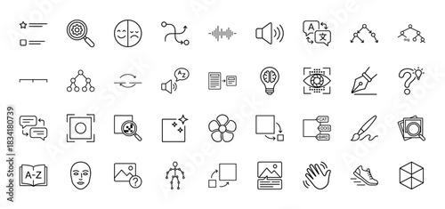 Technology and data line icon set. Vector pictograms of search, analytics, translation, audio, and visual processing, thin outline illustration.
