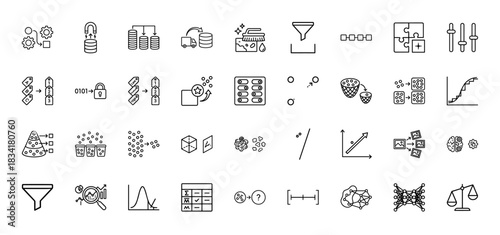 Data science and machine learning line icon set. Vector pictograms of algorithms, analysis, and data processing, thin outline illustration.
