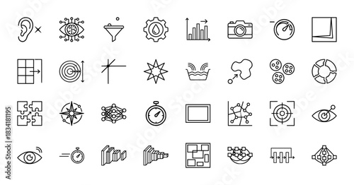 Artificial intelligence and data analysis line icon set. Vector pictograms of machine learning, neural networks, graphs, and processing concepts, thin outline illustration.