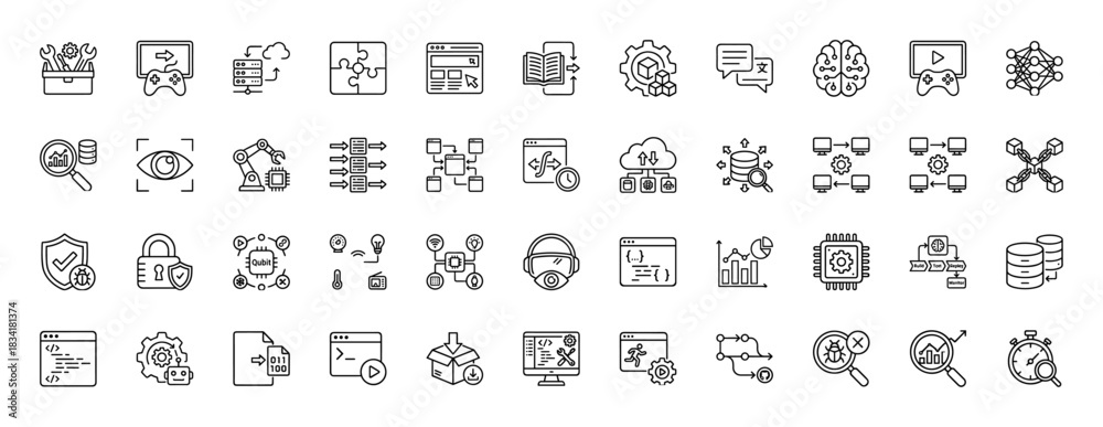 Fototapeta premium Information technology and programming line icon set. vector pictograms of data analysis, artificial intelligence, and software development, thin outline illustration.