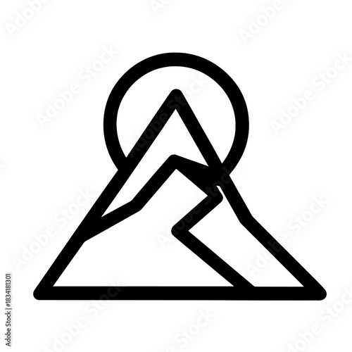 Mountain peak with rising sun icon, bold outline and clean geometry, ideal for outdoor apps, travel interfaces, adventure branding and landscape-themed UI elements.