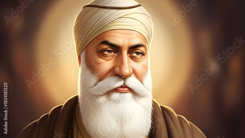 Close-Up Portrait of Guru Nanak Dev Ji with Gentle Wise Expression, Warm Glowing Aura, Highlighting Spiritual Wisdom, Peaceful Presence, Devotion, and Reverent Sikh Cultural Significance