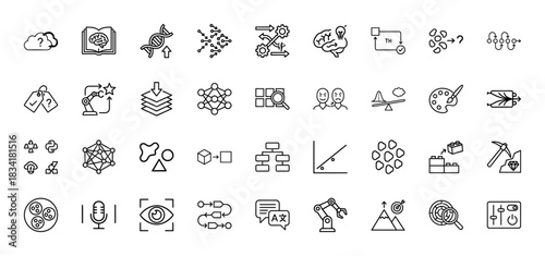 Artificial intelligence and machine learning line icon set. Vector pictograms of neural networks, data processing, and robotic automation, thin outline illustration.