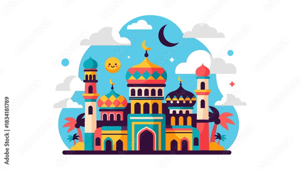 Naklejka premium Vibrant and Festive Islamic Mosque Illustration with Crescent Moon and Stars for Ramadan or Eid Celebrations