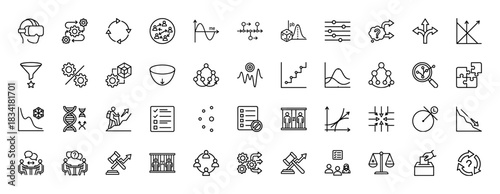 Business and data analysis line icon set. Vector pictograms of decision-making, graphs, algorithms, and process management, thin outline illustration.