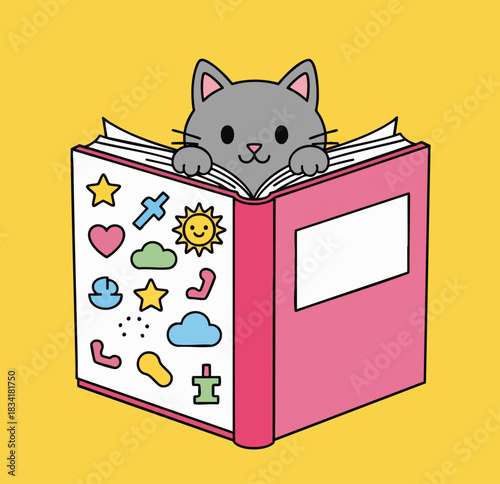Cute cartoon gray cat peeking over a bright pink illustrated book cover with colorful fun stickers. Perfect for education or whimsical reading themes