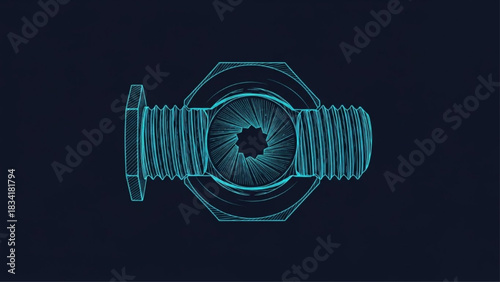 Blueprint wireframe drawing of a nut and bolt.
