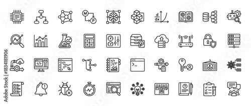 Data science and technology line icon set. Vector pictograms of neural network, algorithm, cloud, coding, artificial intelligence, robotics, thin outline illustration.