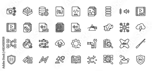 Technology and data line icon set. Vector pictograms of coding, file formats, database, security, and devops tools, thin outline illustration.