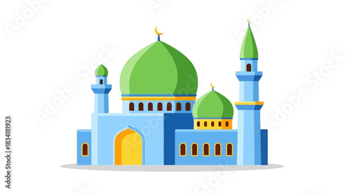 Stylized Mosque Building Illustration with Vibrant Green Dome and Minarets, Representing Islamic Architecture and Cultural Heritage in a Flat Design Style