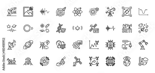 Space and astronomy line icon set. Vector pictograms of telescope, satellite, rocket, galaxy, and planets, thin outline illustration.