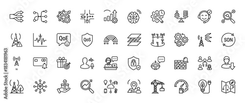 Telecommunication and it services line icon set. vector pictograms of 5g connectivity, qos, qoe, and son, thin outline illustration.