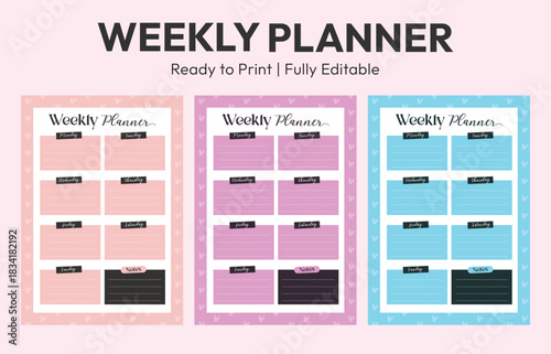 Weekly Planner Template Design. Pastel Weekly Schedule Layout. Printable Planner Page Set. Cute Weekly Organizer Template