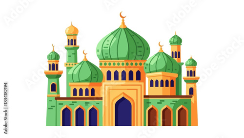 Islamic mosque building with green domes and minarets, a vector illustration of muslim architecture isolated on a white background