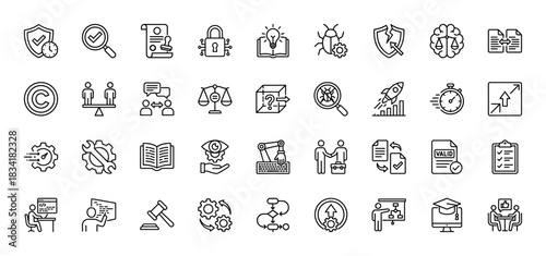 Technology and intellectual property line icon set. Vector pictograms of security, data analysis, development, and legal compliance, thin outline illustration.