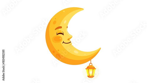 Delightful cartoon crescent moon mascot character with a peaceful sleeping expression and a warm glowing lantern, perfect for night-themed designs and children's projects