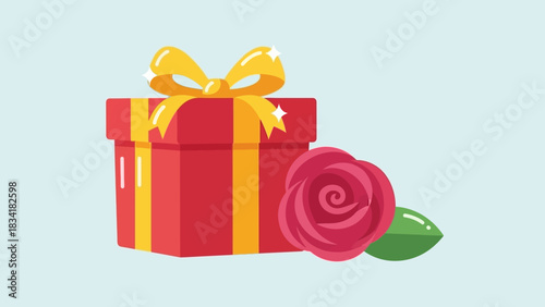 Red Gift Box with Gold Bow and Rose Clipart, Vector Illustration